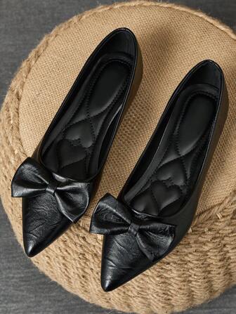 WHDXY 1 Pair Women's Casual Flat Shoes, Soft Bottom, Maternity Shoes, Elegant Design, Black, Work Shoes, Suitable For Dress, With Bowknot