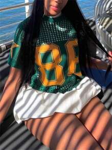 Summer Street Solid Color Mesh Loose Tops Short Sleeve Round Neck Letter Print See Through T-Shirt Casual For Women - Green - View 2