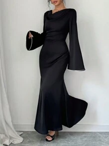 1 chiếc váy satin dày viền đính đá Rhinestone thanh lịch, cổ áo khoét sâu, eo thắt sau, viền đuôi cá, kín đáo - màu đen - Xem 1