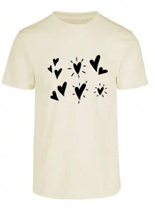 Men Summer Short Sleeve Heart Print Tee - Beige - View 1