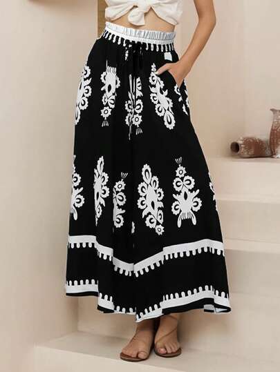 Spring/Summer Black & White Floral Print High Waist Wide Leg Pants, Elastic Drawstring Waist, Loose Vacation Casual, Ruffle Pocket Wide Leg Culottes, Wave Hem, Suitable For Various Occasions