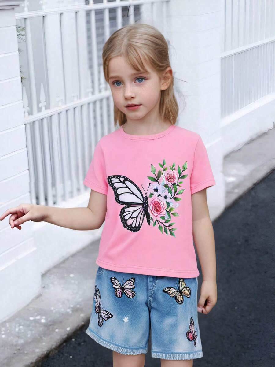 2pcs/Set Summer Young Girls Cartoon Girl Graphic Print Round Neck Short Sleeve T-Shirt & Solid Color Casual Comfortable Shorts Set