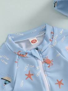 3M-3T Toddler Boys Rash Guard Swimsuit Playsuits Dinosaur/Fish Print Zipper Short Sleeve Sun Protection Bathing Suit With Swim Cap - 藍色 - 查看 6