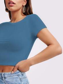 GEREARC Womens Slim Fitted Crop Tops - Basic Crew Neck Short Sleeve Basic Tees For Going Out - xanh xám - Xem 3