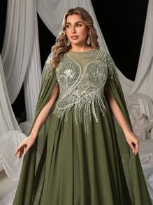 Faeriesty Vestido de noche elegante de gasa con cuentas y mangas con capa dramática para tallas grandes - Vestido de lujo brillante para eventos de etiqueta negra, alfombras rojas de festivales de cine o fiestas de gala