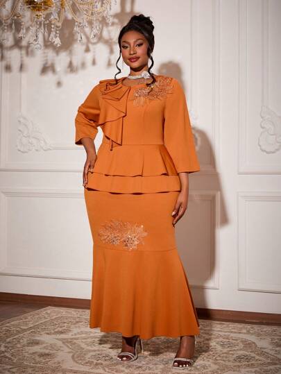 Mgiacy-Lady Nowa Sukienka Obcisła Z Dekoltem W Serek Marszczonym Falbaną Latarnia Rękaw Rozcięcie