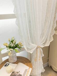 1 片白色蕾丝边杆口袋窗帘，舒适的花卉波西米亚风薄纱窗帘，适用于房间装饰、家居装饰、卧室客厅、所有季节 - 白色 - 查看 8