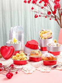 20 件/10 套红色铝箔心形纸杯蛋糕衬垫（带盖）、心形铝箔蛋糕杯（带盖）、迷你心形蛋糕衬垫一次性烤盘、耐热带盖烤杯、心形蛋糕盘、铝箔蛋糕盘心形纸杯蛋糕杯 - 彩色 - 查看 9