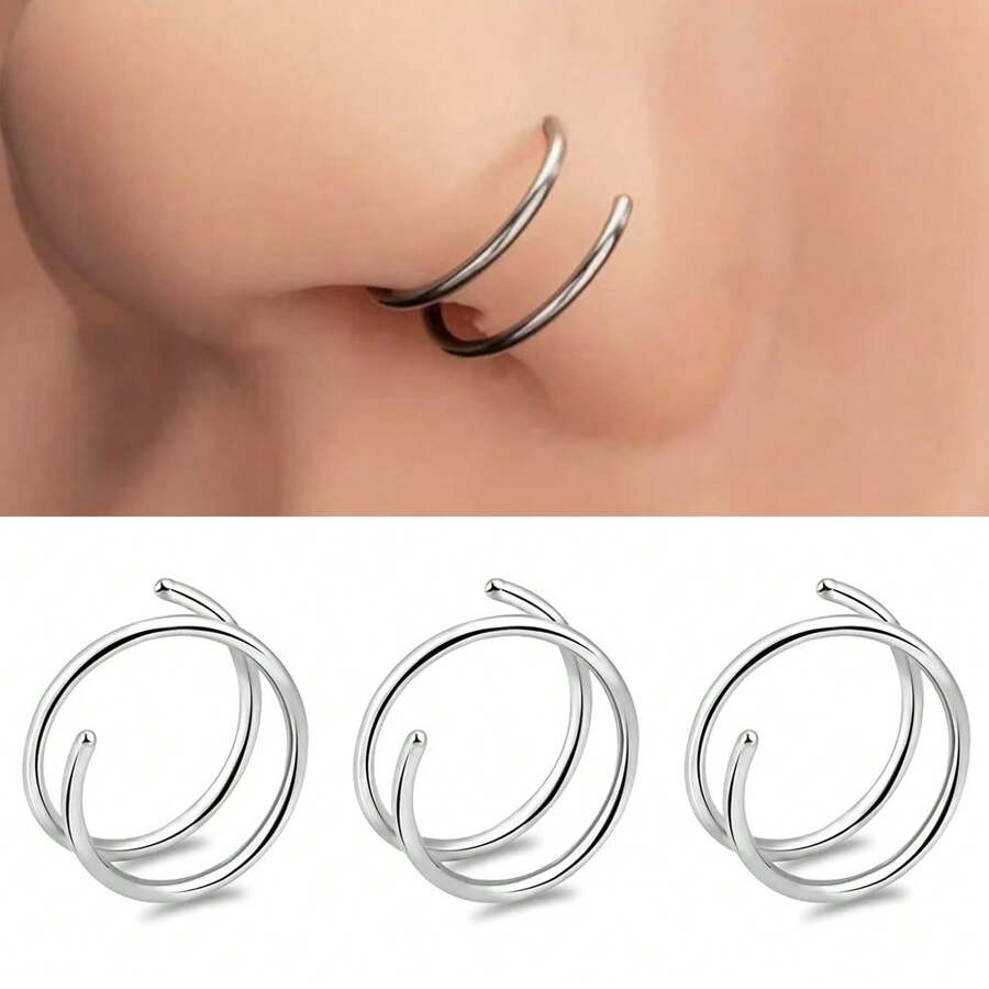 3Pcs Silver Double Hoop Nose Ring Single Pierced Spiral Hoop Earring Nose Piercing Twisted Piercing Hoop - 3Pcs-silver - View 1