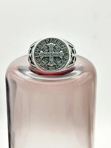 Men's Stainless Steel Ring Order Of Protection Of Saint Benedict Gold Plated Silver Cross - Bạc - Xem 5