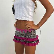 Women Low Waisted Leopard Print Mini Skirt Sexy Ruffle Lace Edge Mini Skirt Skorts - Màu đỏ tím - Xem 5