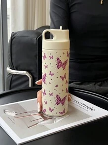 1 pezzo 500ml (16,9 once) Tazza termica a doppia parete in acciaio inox con stampa di leopardo e farfalla, con cannuccia, adatta per ufficio, all aperto, casa, auto, scuola, feste, compleanni, regali per il ritorno a scuola
