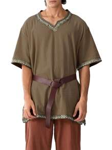 Men Medieval Costume Renaissance Templar Tunic Viking Knight Pirate Vintage Warrior Halloween Cosplay Party Tops - Brown - View 2