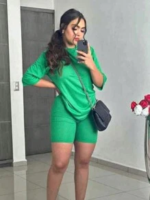 Solid Ribbed Knit Tee & Biker Shorts - Green - View 2