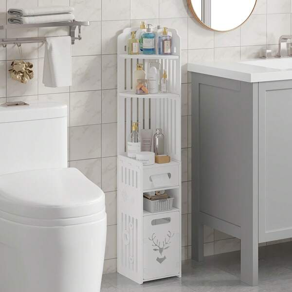 VECELO Corner Shelf Stand, Corner Shelves With Cabinet For Bathroom Narrow Space,Small Storage Organizer With Toilet Paper Drawer In Restroom Waterproof Lightweight,White