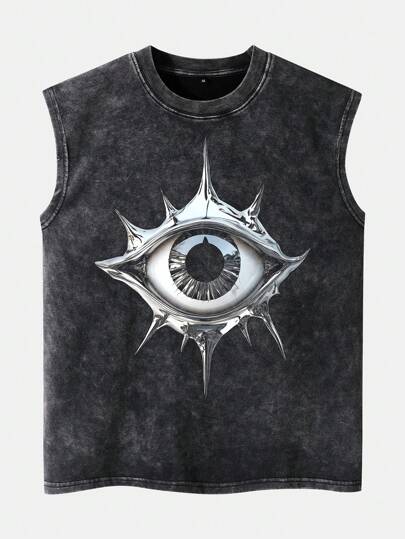 Shwiy 男士复古水洗无袖背心，金属朋克眼图案，简约时尚休闲黑色背心，适合春夏街头潮流、Emo、2000 年代风格