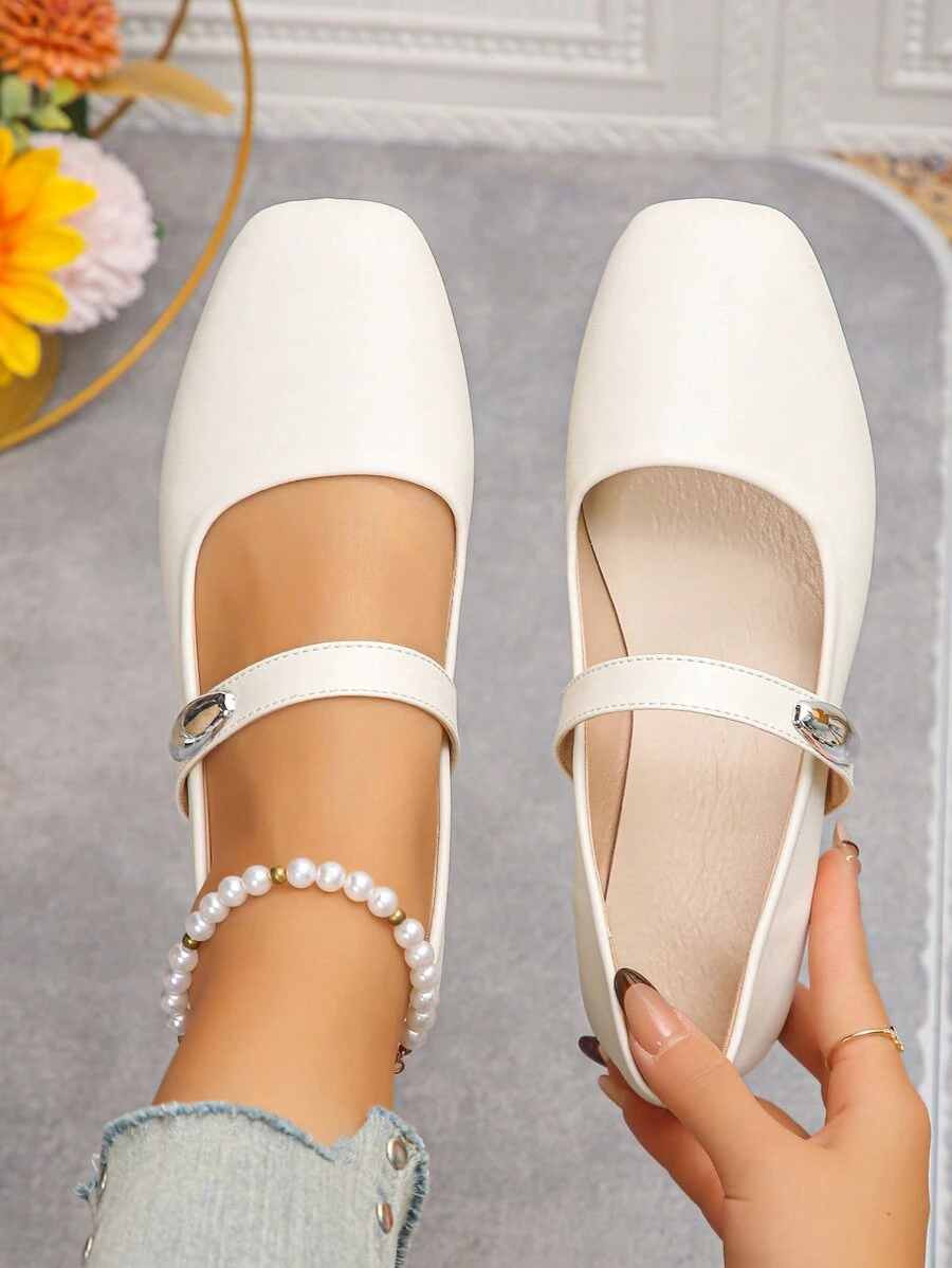 Cross-Border Plus Size 36-43 French Mary Jane White Strap Square Toe Flat Shoes, Casual Work Fashion Versatile Lightweight Comfortable Soft Ballet Flats For Women, Spring/Autumn