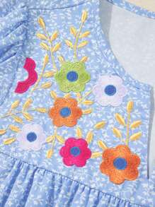 Sky Blue Floral Embroidery Puff Sleeve V-Neck Cold-Shoulder Top - Blue - View 11