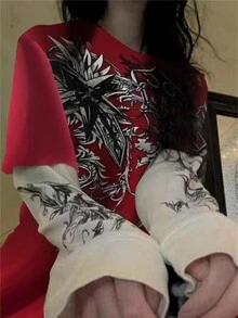 男士圆领长袖纯色拼接印花简约休闲上衣，日常穿着，春假休闲之选 - 紅色 - 查看 2
