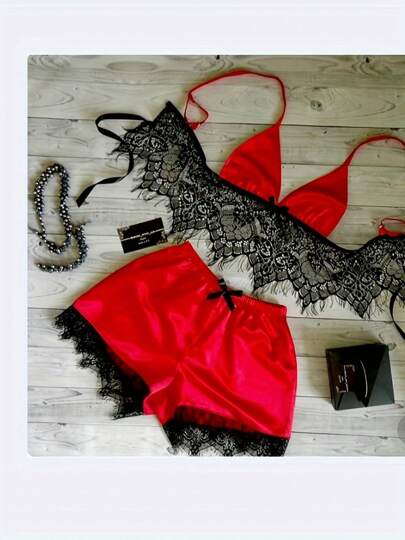 Women Sexy 2PCS Lingerie Set, Lace Sling Crop Top, Short Lace/Ruffle Solid Color/Patchwork Elastic Band Pants, Summer Sleepwear