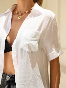 ACME MADE IN CHINA Women's Beach Cover-Up Shirt With Pocket Short Sleeve Simple White Shirt - branca - 查看 5