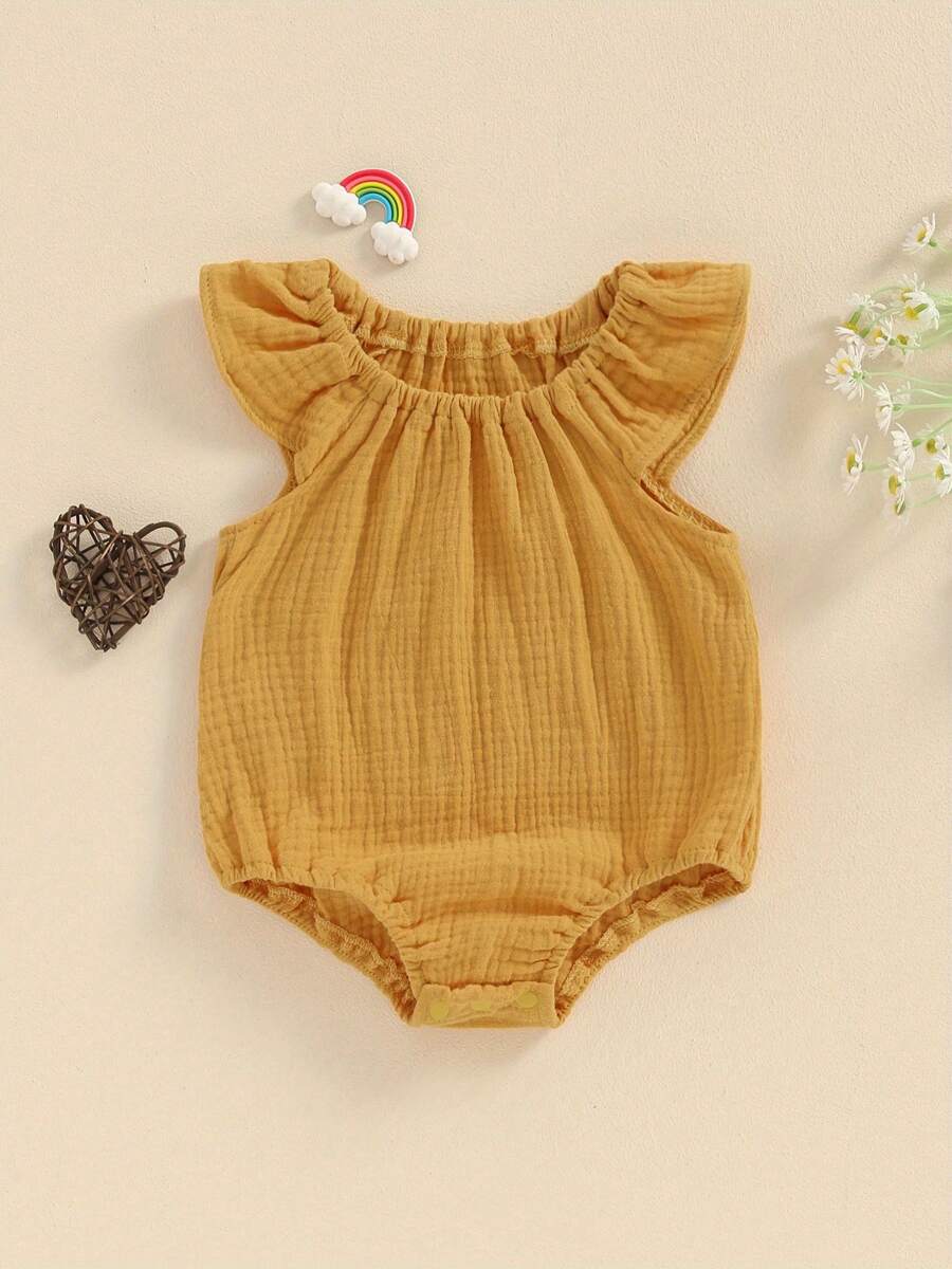 Baby Girl Boy Summer Cotton Linen Romper Clothes Basic Plain Ruffle Sleeveless Comfy Rompers Newborn Tops - 黃色 - 查看 1