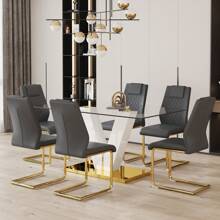 MUUOKY 7-Piece Modern Dining Table Set For 6, 71" Dining Table Set For Dining Room, Tempered Glass Dining Table With Gold V-Shaped Table Base & 6 High Back Dining Chairs With Soft Cushion, Dining Table Set For Dining Room, Living Room, Farmhous, Apt, Easy To Clean, Easy To Assembly, Room Decor, Home Decor, Kitchen Accessories, Valentine Day Decor, Kitchen, Wedding, Valentine Day, Desk - Grey - View 2