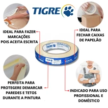 Fita Crepe Fina Kit 3 UN 18x50M Tigre Uso Geral Branca Fita Pintura Embalagem Fita Crepe Artesanato