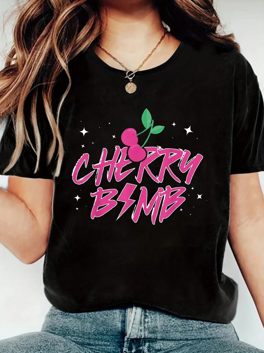 100% Cotton Cherry Bomb Cherries Gardeners Funny Print Women's T-Shirt, Round Crew Neck Soft Short Sleeve T-Shirt For Spring Summer, Fun Graphic Tops T-Shirts For Women - Black - View 1