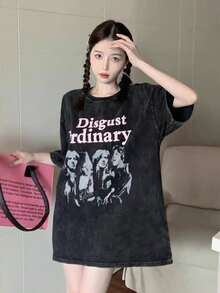 女士圆领短袖图案印花休闲上衣，日常穿着 - 黑色 - 查看 5