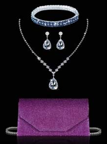 Luxe glanzende glitter clutch, feest- en dansbankettas, effenkleurige polygonale klep clutch, bijpassende set van vier glanzende strass-oorbellen, armband en ketting, geschikt voor feestdagen, bijeenkomsten, banketten, dansen, bruiloften, het beste cadeau voor meisjes op Valentijnsdag.