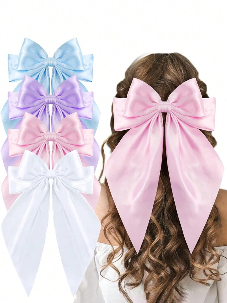 4個 女性用ヘアクリップ、黒リボン、白リボン、ピンクリボン、サテン