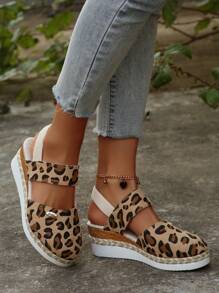 Mila Footwear 女式加大码坡跟厚底豹纹草编凉鞋，海滩度假风格，夏季新款混色松紧带罗马凉鞋 - 棕色 - 查看 6