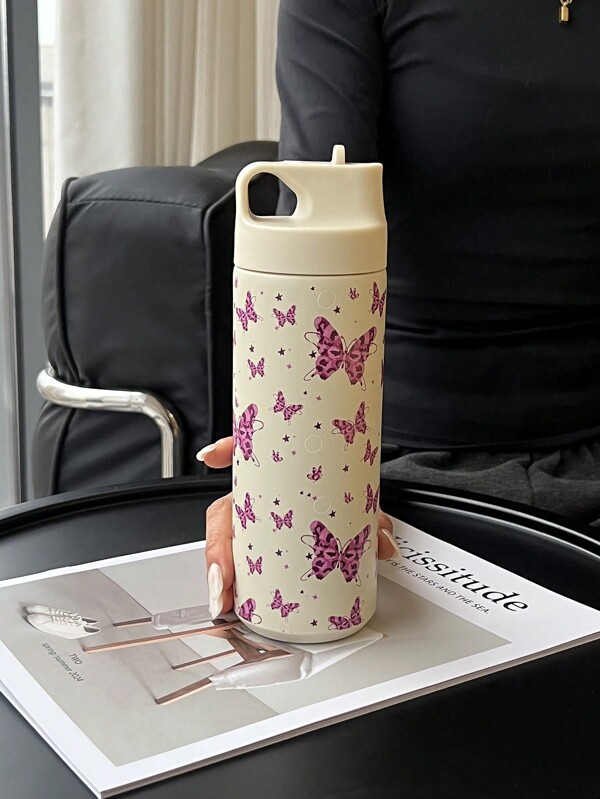 1 pezzo 500ml (16,9 once) Tazza termica a doppia parete in acciaio inox con stampa di leopardo e farfalla, con cannuccia, adatta per ufficio, all aperto, casa, auto, scuola, feste, compleanni, regali per il ritorno a scuola