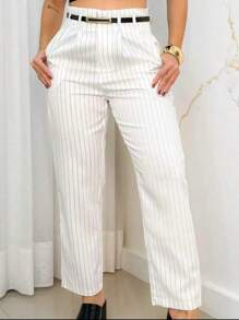 Women's Striped Tailored Trousers, Pantaloons With Belt, Elegant Fashion - 白色 - 查看 4