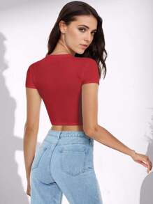 GEREARC Womens Slim Fitted Crop Tops - Basic Crew Neck Short Sleeve Basic Tees For Going Out - Đỏ - Xem 2