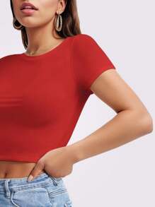 GEREARC Womens Slim Fitted Crop Tops - Basic Crew Neck Short Sleeve Basic Tees For Going Out - Đỏ - Xem 3