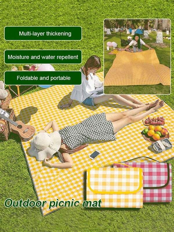 1pc Picnic Blanket, Portable Lawn Mat With Carry Handle, Outdoor Waterproof Oversized Park Blanket, Multi-Size Beach Mat, Thickened Foldable Yellow Plaid Mat, Soft Comfortable Wear-Resistant Material, Waterproof Sandproof Moisture Resistant And Dirt Resistant, Machine Washable Family Mat, For Travel Camping Hiking Hiking And Patio Garden Parties Music Festivals Sporting Events Indoor And Outdoor Handbag Convenience Mat