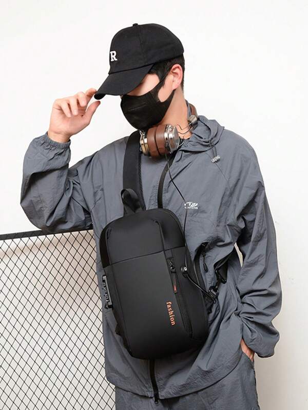 1pc High Quality Men's Chest Bag, Black Crossbody Messenger Bag With Anti-Theft Password Lock, Earphone Hole, Suitable For Teen Casual, Outdoor, Athletic, Travel, Graduation, Birthday Gifts