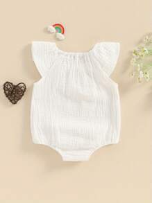 Baby Girl Boy Summer Cotton Linen Romper Clothes Basic Plain Ruffle Sleeveless Comfy Rompers Newborn Tops - 白色 - 查看 2
