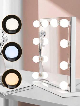 Multi-Size Makeup Mirror With LED Lights, USB Tri-Color Makeup Mirror Lamp, Vanity Mirror Bathroom Lighting, Adjustable Brightness And Color Temperature, Rotatable Cord Wrap, With 10LED/12LED/14LED Options