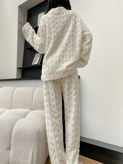 Two Pieces Jacquard Zipper Flannel Home Pajama Set Thick Warm Sleepwear, Fall Clothes, Fluffy Pajama, Cozy view 4