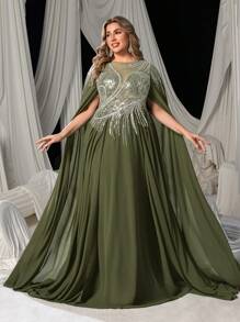 Faeriesty Vestido de noche elegante de gasa con cuentas y mangas con capa dramática para tallas grandes - Vestido de lujo brillante para eventos de etiqueta negra, alfombras rojas de festivales de cine o fiestas de gala