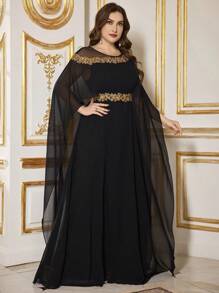 圆领长袖奢华刺绣亮片收腰优雅晚礼服 春季黑色 - 黑色 - 查看 6