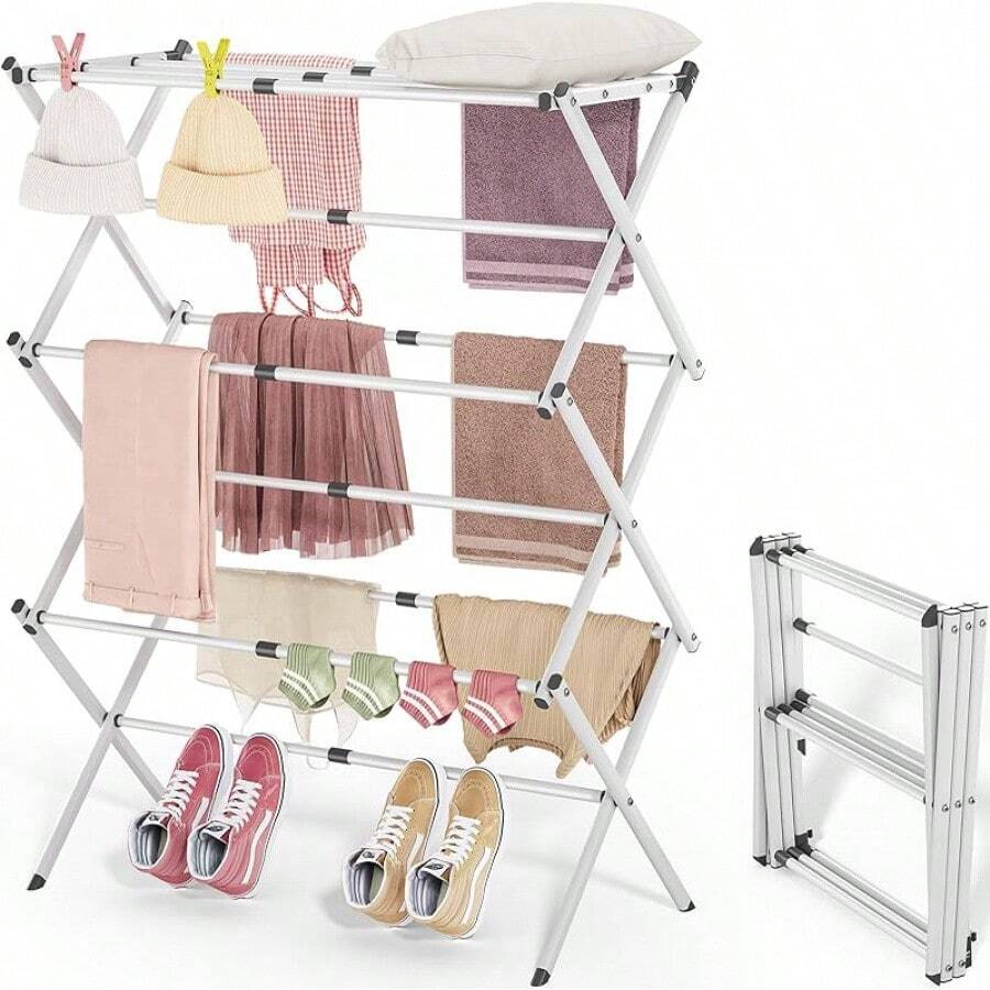 APEXCHASER Clothes Drying Rack, 3-Tier Laundry Drying Rack For Clothes, Expandable Metal Clothing Dryer, Collapsible Towel Rack, Air Drying Rack, White - White - View 1
