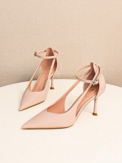 New Women Pointed Toe Hollow Pink High Heel Shoes, Fashionable Lace-Up Buckle Shoes, Stiletto Pumps For Work & Wedding