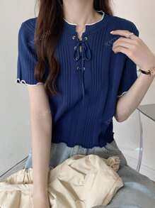 Women's Short Sleeve Fitted Contrast Color Knit Top, Summer
