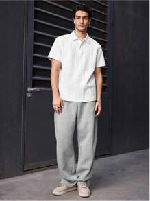 Men's Popular Personalized Solid Color Elastic Wheat Jacquard Turn-Down Collar 4/1 Half-Button Short Sleeve Polo Shirt, Simple And Elegant Fit Suitable For Casual, Fashionable, Outdoor, Commuting, Street Style, New Summer Top