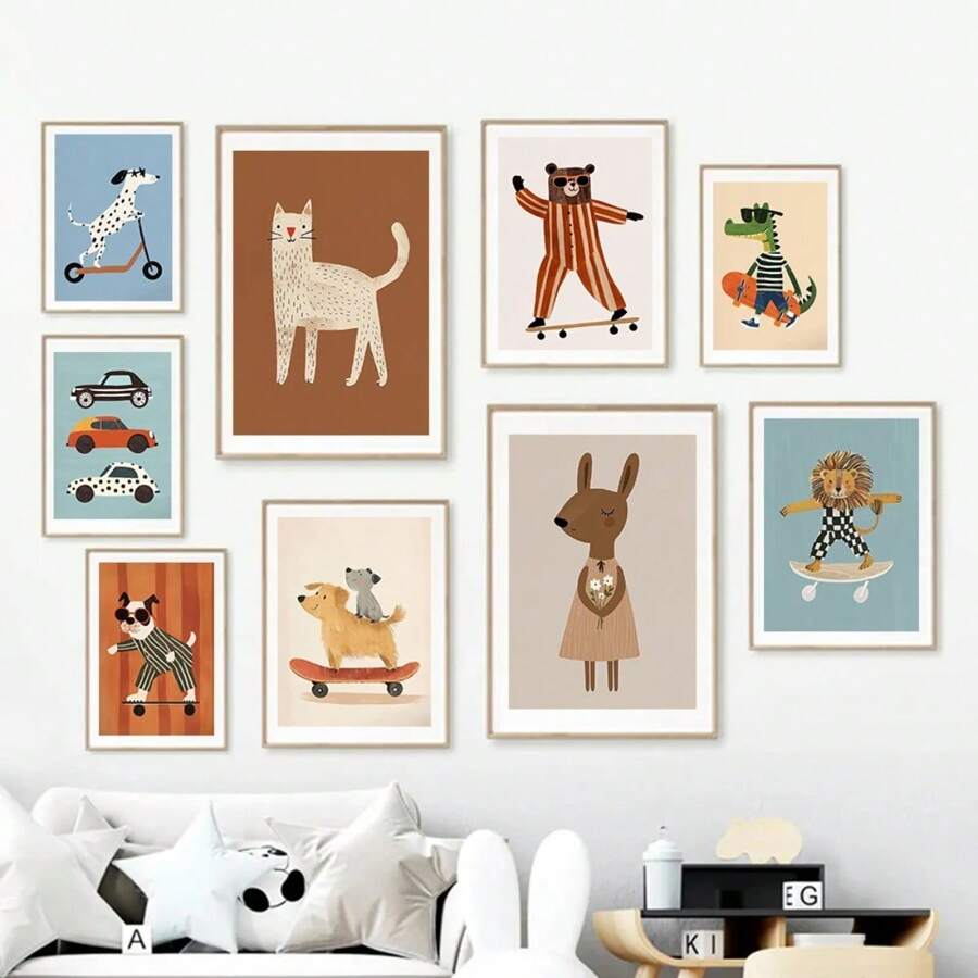 1pc Funny Animals Rabbit Dog Bear Cat Skateboard Posters Prints Wall Art Canvas Neutral Nursery Pictures For Baby Kids Room Decor No Frame - Multicolor - View 1