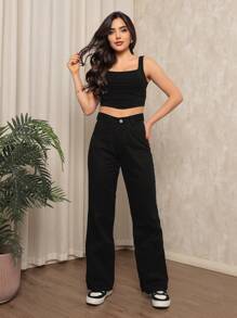 Calça Feminina Wide Leg Slim Fit Moderno Moda Casual